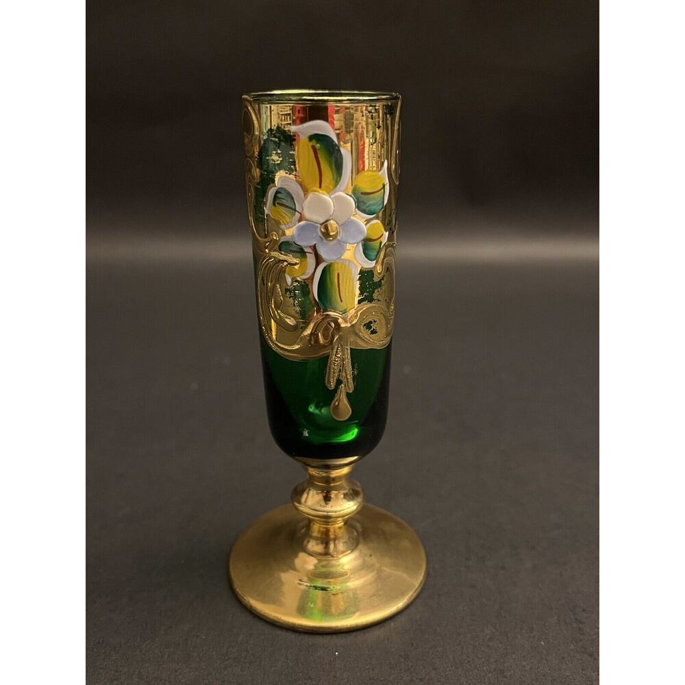Venetian Emerald Cordial Goblet w/ Gold Gilding Bohemian Art Murano?